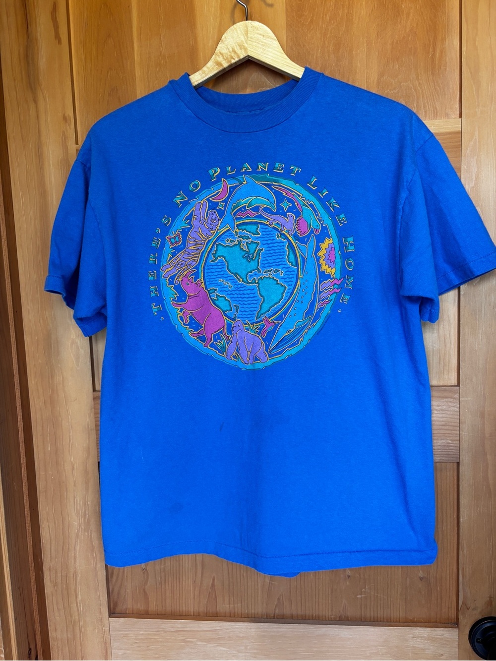 Womens Blue Single Stitch Graphic Tee - Planet Life Design Hanes Beefy-T 90s